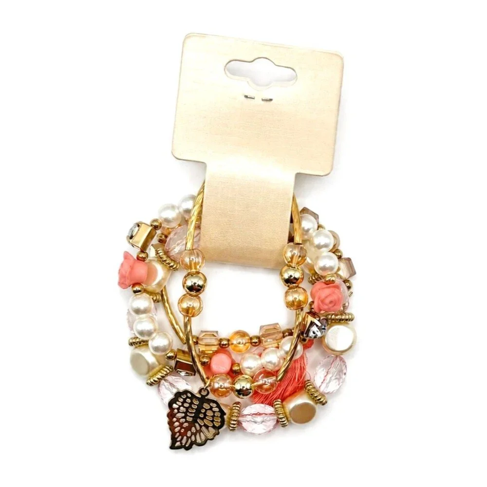 Pink Gold Boho Layered Bracelet Set Faux Pearl Floral Crystal Tassel NEW
